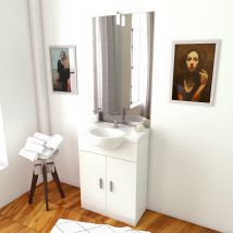 Galedo - Meuble Salle De Bain Blanc 60 Cm Sur Pied + Vasque Ceramique Blanche + Miroir Applique Led