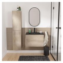 Mob In - Meuble simple vasque 60cm SORRENTO chêne+vasque noire+robinet+miroir+colonne