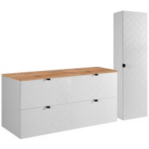 Furnidea - Ensemble Un Meuble Sous Vasque 120 Cm Avec Le Plan Chêne Et Une Colonne 35/136 Cm À Suspendre Madis Blanc