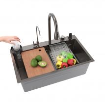 Sirhona Évier De Cuisine Multifonctionnel Cascade Noir Avec Robinet De Poisson Volant Rétractable 75x45cm