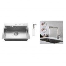 Auralum - AuraLum Évier Cuisine 1 Bac 55*45CM Évier Encastré et à Poser avec Distributeur de Savon+Robinet Cuisine Douchette Extractible Deux Jets 