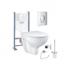 Grohe - Pack Wc Sans Bride Bau Ceramic Avec Abattant Slim + Bâti Support Wc Rapid Sl + Plaque De Commande Start Chromé + Accessoires