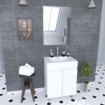 Galedo - Ensemble Meuble De Salle De Bain 60x45x81-meuble Mdf-melamine Brillant Blanc-vasque Ceramique+miroir