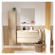 Mob In - Meuble Simple Vasque 80cm Décor Chêne Sorrento+robinet Chromé+miroir+colonne