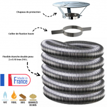 Europe Sanitaire Chauffage - Kit Tubage Flexible Double Peau Inox Diamètre 130 + Collier + Chapeau Edilinox Longueur Du Conduit 4 Mètres