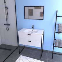 Galedo - Ensemble meuble de salle de bain - Blanc avec pieds style industriel - 2 tiroirs - vasque blanche