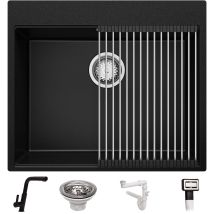 Evier Cuisine En Granit Noir 58x50cm, Lavabo 1 Bac + Kit De Vidage + Robinet + Accessoires, Évier À Encastrer Au Meuble 60cm - Oslo Top De Primagran