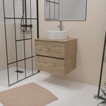 Galedo - Meuble Salle De Bains 80cm 2 Tiroirs Chêne Naturel + Vasque Ronde Diamètre 41cm En Céramique Blanche