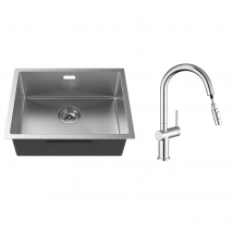 Auralum Max - 2 En1 Évier De Cuisine 1 Bac 55*44*19cm, À Encastrer/fleur/ Sous-plan, Brossé +robinet De Cuisine Rétractable À Deux Fonctions, Chromé