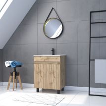 Galedo - Pack Meuble Sdb 60cm Sur Pieds 2 Portes Chene_vasque Blanche + Miroir Barber - Timber 60_pack22