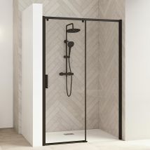 Porte De Douche Coulissante Kinedo Smart Design Sans Seuil Pmr Hauteur 1,30m Hauteur 2,05 M Profilé Noir Coulissant À Gauche Partie Fixe À Droite