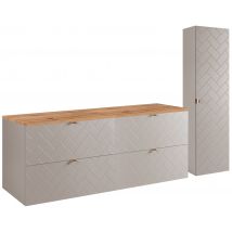 Furnidea - Ensemble Un Meuble Sous Vasque 160 Cm Avec Le Plan Chêne Et Une Colonne 35/136 Cm À Suspendre Madis Cachemire