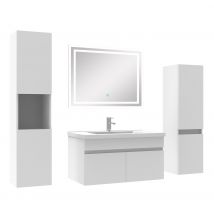 Ocean Sanitaire - Meuble Salle De Bain Blanc 80cm Simple Vasque + Colonne + Miroir Led