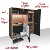 Kitchenette / Mini-cuisine Arche 186cm Noire Valino - Inclus : Plaque De Cuisson, Évier, Robinetterie, Led + Lave-vaisselle + Réfrigérateur
