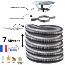 Europe Sanitaire Chauffage - Kit Tubage Flexible Double Peau Inox Diamètre 100 + Collier + Chapeau Edilinox Longueur Du Conduit 7 Mètres