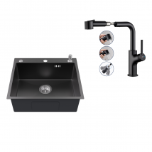 Auralum Max - Evier Cuisine 1bac 54*49*20 Cm,inox,noir Gris,evier Avec Distributeur Savon+ Robinet De Cuisine Noir Avec Douchette Extractible,deux 