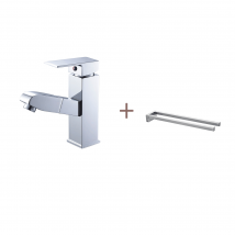 Auralum Max - Robinet Lavabo Avec Douchette Extractible,en Laiton,chromé,eau Froide Et Chaude+porte-serviettes À Deux Bras,pour Salle Bains /cuisine,