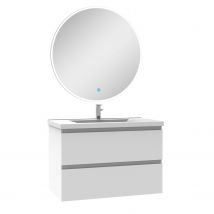 Ocean Sanitaire - Ensemble Meuble Salle De Bain 80cm Blanc Simple Vasque + Miroir Lumineux Rond