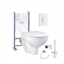Grohe - Pack Wc Sans Bride Bau Ceramic Avec Abattant Slim + Bâti Support Wc Rapid Sl + Plaque De Commande Start Blanc Alpin + Accessoires