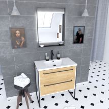 Galedo - Pack Meuble De Salle De Bain 80x50 Cm Blanc - 2 Tiroirs Blanc - Vasque Blanche - Miroir À Led
