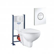 Pack Wc Suspendu Sans Bride Grohe Bau Ceramic + Bâti Support + Abattant + Plaque Ronde Blanc Alpin