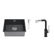 Auralum Max - Évier Noir 1 Bac 50x43x18,5cm,acier Inoxydable, Avec Distrubuteur De Savon + Robinet De Cuisine Inox Extractible Rotatif À 360 °