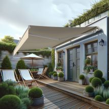 Maison Cros Stores Depuis 1867 - Store banne monobloc MEILE 4.80 x 3.50m (Manuelle - Beige - Blanc)