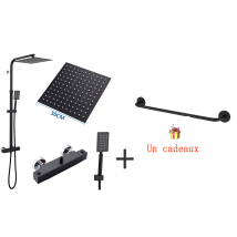 Auralum Max - Colonne Douche Thermostatique Noir De 38°c Avec Mitigeur,réglable Hauteur 90-116cm+porte-serviettes De Salle Bain,auto-adhésif/ Perçage,