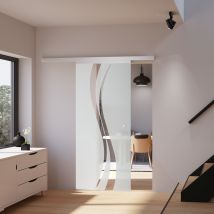 Schulte Porte Coulissante En Verre, 75x203cm, Porte Coulissante Intérieur, Porte Vitrée, Décor Vagues - Poignée Bouton