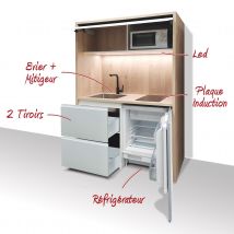 Kitchenette / Mini-cuisine Arche 126cm Blanche Valino - Inclus : Plaque De Cuisson, Évier, Robinetterie, Led + Réfrigérateur