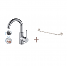 Auralum Max Robinet Lavabo Salle Bain Bec Haut Chromé Brillant Rotatif 360°+60cm Porte-serviettes Salle Bain Auto-adhésif Ou Perçage En Inox 304