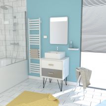 Galedo - Meuble Salle De Bain Scandinave Blanc Et Gris 60 Cm Sur Pieds Avec Tiroirs, Vasque A Poser Et Miroir