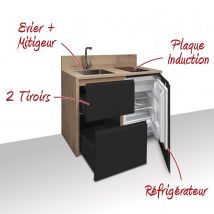 Kitchenette / Mini-cuisine Basse 126cm Noire Valino - Inclus : Plaque De Cuisson, Évier, Robinetterie + Réfrigérateur