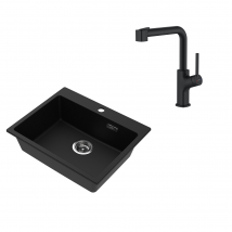 Auralum Max 1 Bac Évier Cuisine En Granit,55*45*20cm,kit De Vidage,noir+robinet De Cuisine Noir Avec Douchette Extractible