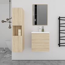 Aica Sanitaire - Ensemble Meuble Chêne Et Vasque L.50cm 2 Tiroirs + Colonne*1 Haut + Lavabo + Miroir 70*50cm