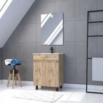 Galedo - Pack Meuble Sdb 60cm Sur Pieds 2 Portes Chene_vasque Blanche + Miroir Led - Timber 60_pack21