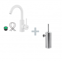 Auralum Max Robinet Lavabo Blanc Rotation 360°,barboteur Démontable,eau Froide/chaude+porte Brosse Toilette Acier Inoxydable Brosse Wc Mural