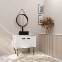 Galedo - Meuble Salle De Bains 80cm Blanc Et Noir Sur Pieds - 2 Portes - Vasque Ronde Et Miroir Barbier Noir