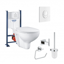 Grohe - Wc Suspendu Sans Bride + Abattant + Bâti Support + Plaque Commande Blanc+ Accessoires Salle De Bain