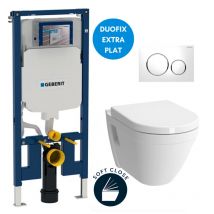 Pack WC Bati-support Geberit + Cuvette suspendue Vitra S50 + Abattant frein de chute + Plaque blanche et chrome