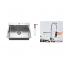 Auralum - AuraLum Évier Cuisine 1 Bac 55*45CM Évier Encastré et à Poser avec Distributeur de Savon+Robinet Cuisine Rotatif 360° Douchette Extractible