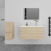 Aica Sanitaire - Ensemble Meuble Chêne Et Vasque L.99cm 2 Tiroirs + Colonne + Lavabo + Miroir