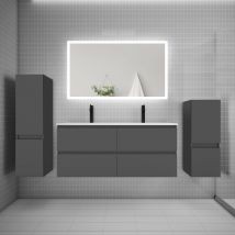 Aica Sanitaire - Ensemble Meuble 2 Vasque L.120cm + Lavabo + Led Miroir + 2*colonne,anthracite