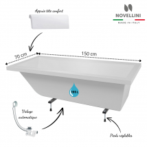 Pack Baignoire Rectangulaire Calos 2.0 Novellini Avec Pieds + Repose Tête + Vidage Dimensions 150x70