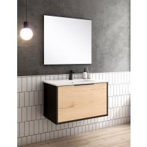 Mcm - Meuble De Salle De Bain Scandinave Modèle Palerme Largeur 80 Cm, Coloris Noir-chêne Avec Vasque Porcelaine Encastré