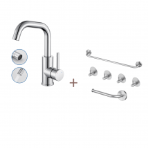 Auralum Max - Mitigeur Lavabo,robinet Lavabopivotant 360°,avec Aérateur Démotable,chromé+ensemble Salle Bain Accessoire 6 Pièces,auto-adhésif/percer,