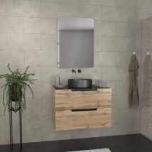 Galedo - Meuble Salle De Bains 80 Cm 2 Tiroirs - Chêne Et Noir - Vasque Ronde - Miroir 60x80 - Omega