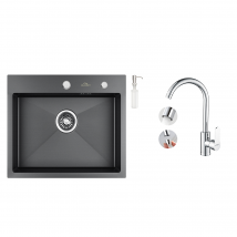 Auralum Max - Évier Cuisine 1 Bac 55*45cm Noir+robinet Cuisine Pivotant À 360° Avec Eau Chaude/froide, Chromé
