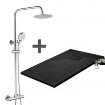 Stano - Pack Receveur de douche 80 x 160 cm extra plat noir + Colonne de douche thermostatique chromée