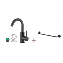 Auralum Max - Mitigeur Lavabo,auralum Max Robinet Salle Bain Noir Rotatif 360°,aérateur Démotable+porte-serviettes De Salle Bain,auto-adhésif/ Perçage